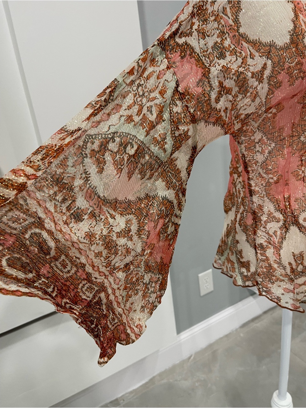 Free People Sheer Paisley Open-Front Jacket in Rust and Pink - Picture 4 of 8